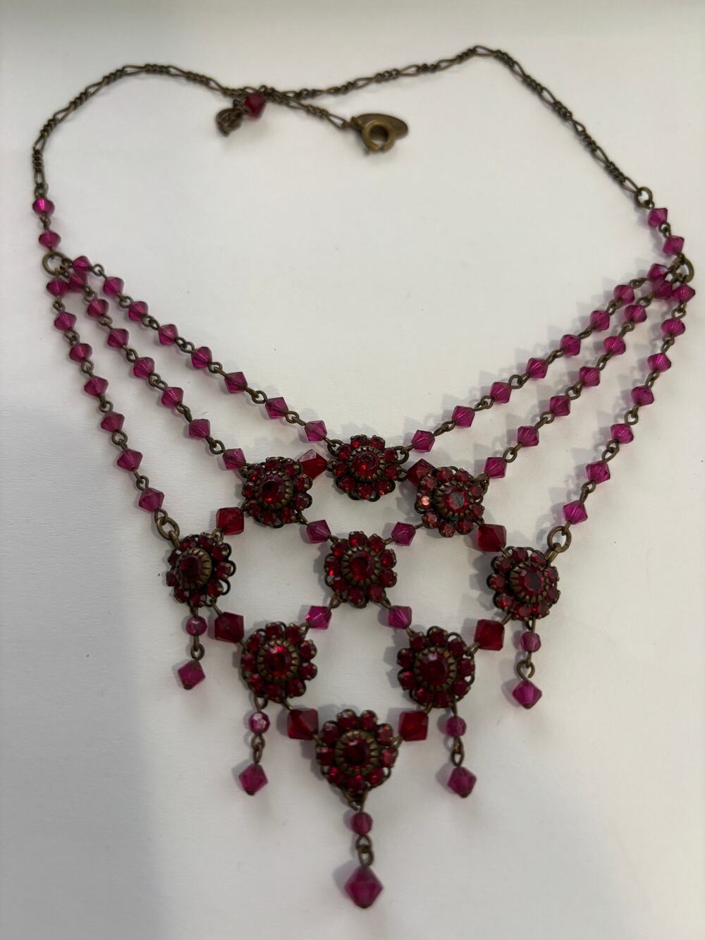 Liz Palacios Whimsical Floral Necklace Red Crystals Vintage Style